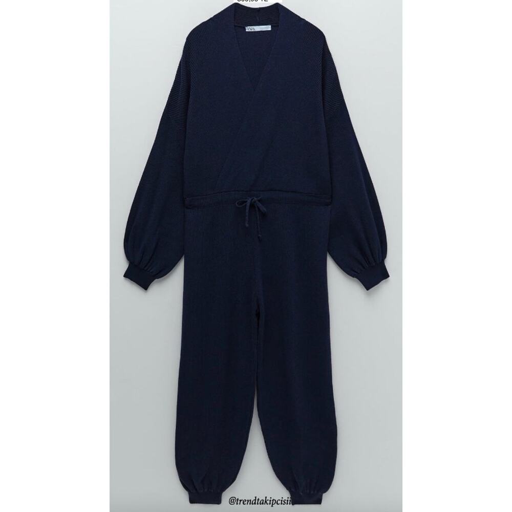 ZARA Navy Blue Jumpsuit Ribbed Knit Wrap V-Neck Casual Drop Shoulder M Medium